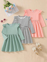 3pcs Young Girls Casual Solid Color Lantern Sleeve Round Neck A-Line Loose Waist Midi Dress Set, Spring Autumn
